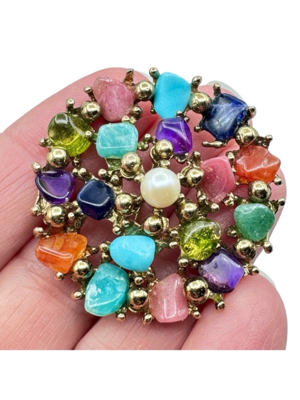 Vintage Multicolor Gemstone Chip Cluster Brooch 70s BOHO Gold Tone Cast Setting - Picture 11 of 16